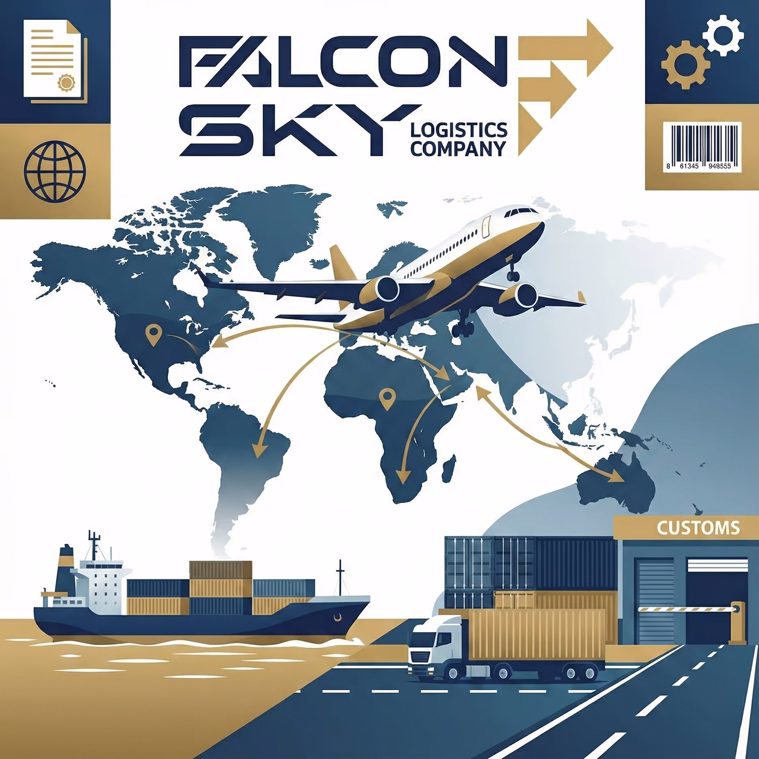 خدمات لجستیکی و حمل و نقل بین‌المللی شرکت FALCON SKY شامل هواپیما، کشتی، کامیون و گمرک